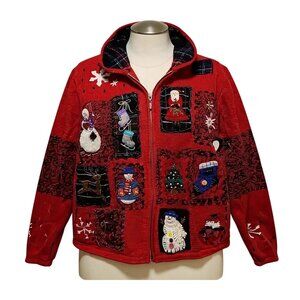 Designers Originals Studio FA LA LA Christmas Zip Sweater P/L Red Appliqué